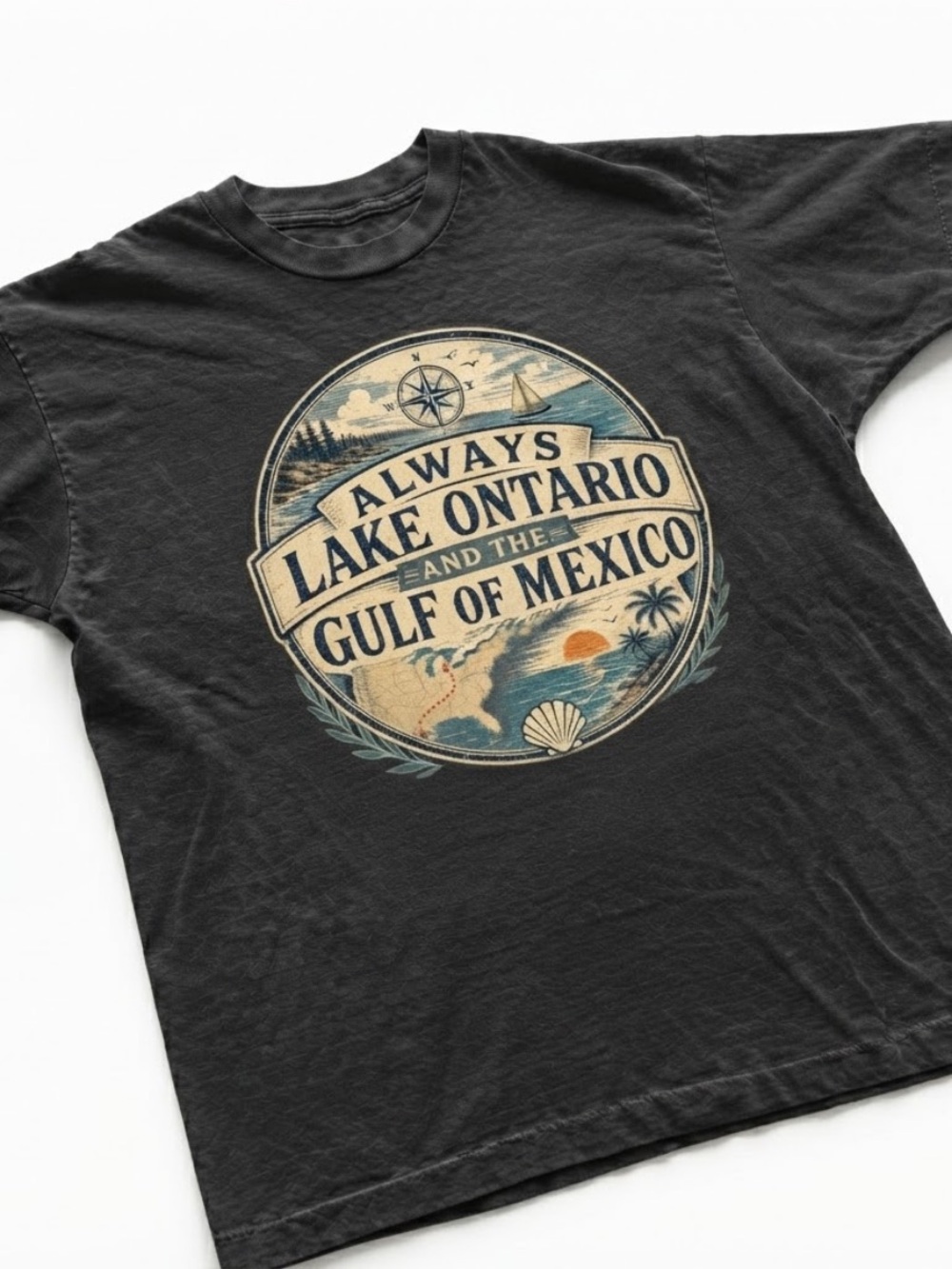 Black Short Sleeve Tee with Lake Ontario & Gulf of Mexico Graphic - Picture 2 of 3